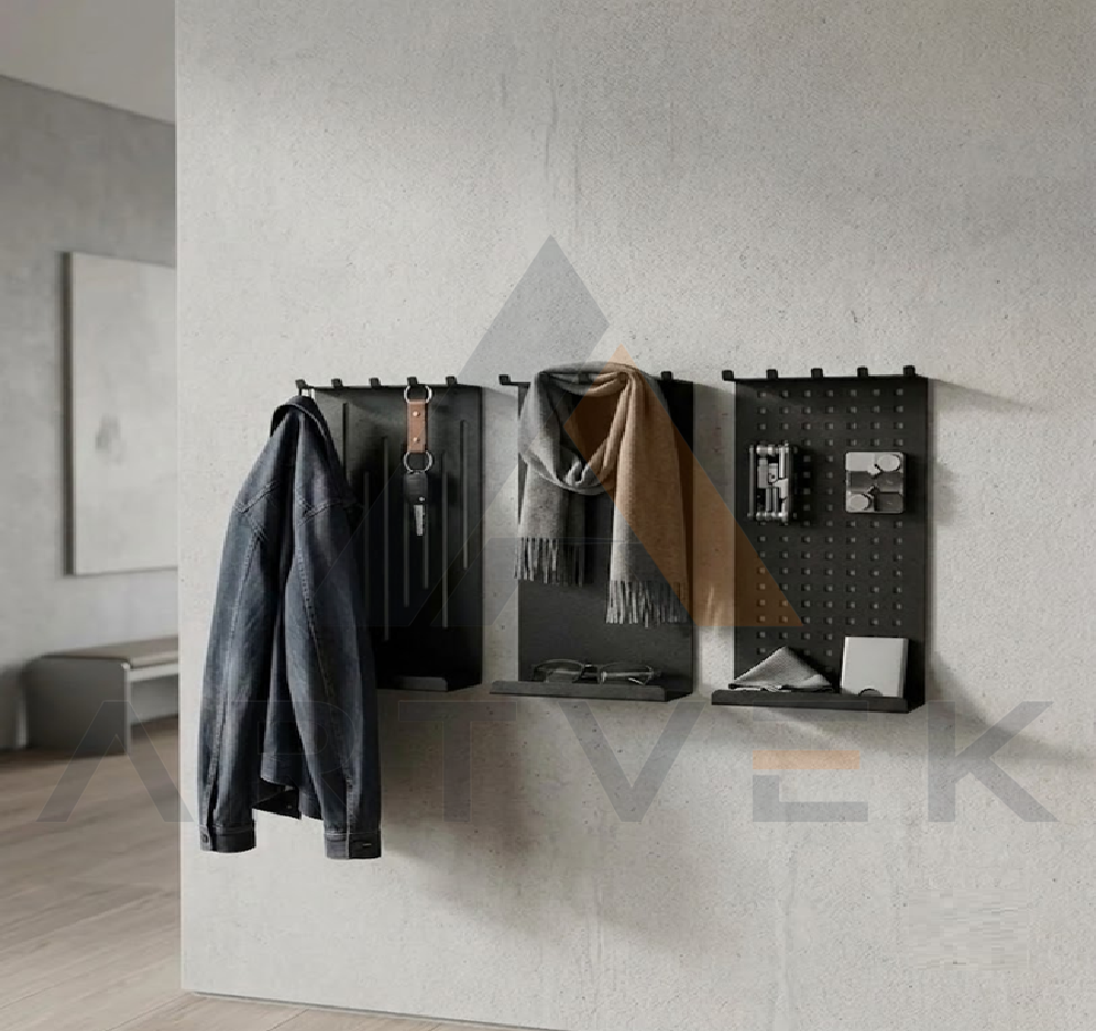 3 lü Metal Duvar Askılığı ve Organizer Paneli - Raflı Anahtarlık & Portmanto